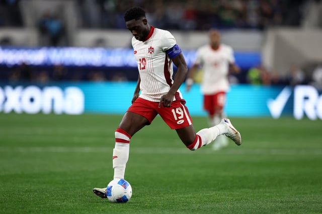 Mar 20, 2025; Inglewood, California, USA; Canada defender Alphonso Davies (19) kicks the ball against Mexico in the second half during a Concacaf Nations League semifinal match at SoFi Stadium. Mandatory Credit: Jessica Alcheh-Imagn Images/File Photo