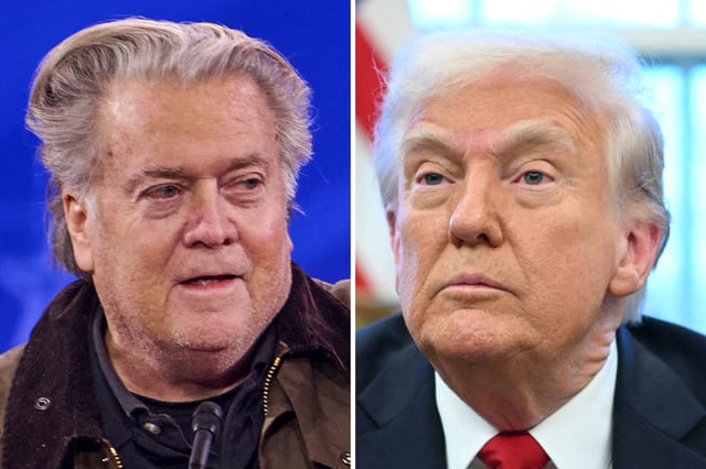 Former advisor to Donald Trump, Steve Bannon, speaking at the Gaylord National Resort in Oxon Hill, MD on Thursday, 20, 2025 (left) and President Donald Trump announcing tariffs on auto imports in the Oval Office of the White House in Washington, DC, on March 26, 2025 (right).