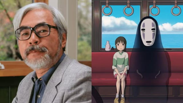 Hayao Miyazaki and a still from Spirited Away (2001) 
