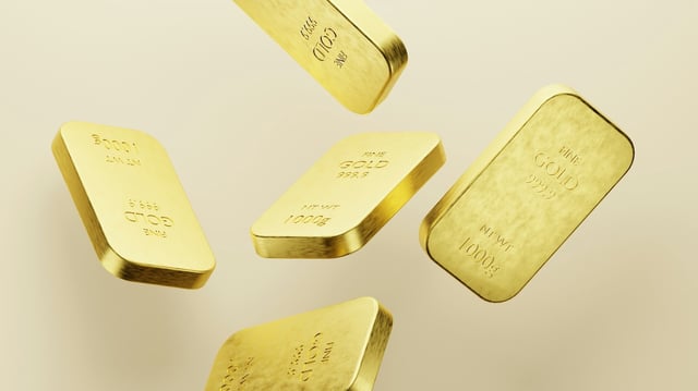 five randomly oriented gold bars