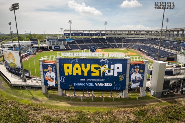 A banner Steinbrenner Field in Tampa, Fla., thanks the New York Yankees.