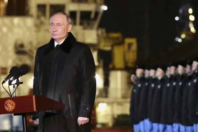 Russian President Vladimir Putin attending a ceremonial ship launching for the nuclear-powered submarine Perm in Murmansk, Russia on March 27, 2025.