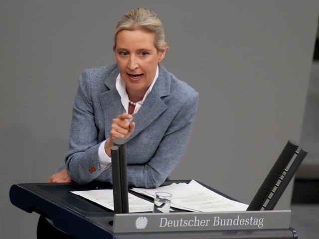 13 March 2025, Berlin: Alice Weidel, leader of the AfD parliamentary group, speaks in the 213th plenary session of the 20th legislative period in the German Bundestag. In this and a subsequent special session of the old Bundestag, the CDU/CSU and SPD want to pass a special fund worth billions and a reform of the debt brake enshrined in the Basic Law. The aim is to invest in infrastructure and defense. Photo: Michael Kappeler/dpa (Photo by Michael Kappeler/picture alliance via Getty Images)