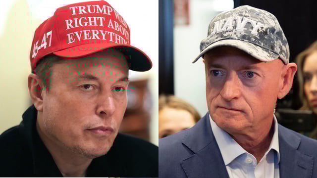 Elon Musk (left) sits in during a White House meeting, while Senator Mark Kelly (right) takes questions from press after a town hall at NOAH Cholla Health Center on March 17, 2025 in Scottsdale, Arizona.
