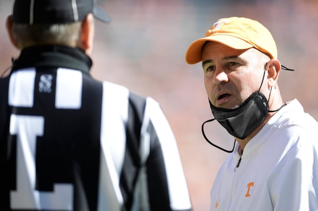 Oct 17, 2020; Knoxville, TN, USA; Tennessee head coach Jeremy Pruitt argues a call with an official during the second half of a game between Tennessee and Kentucky at Neyland Stadium in Knoxville, Tenn. on Saturday, Oct. 17, 2020. Mandatory Credit: Calvin Mattheis-USA TODAY/File Photo