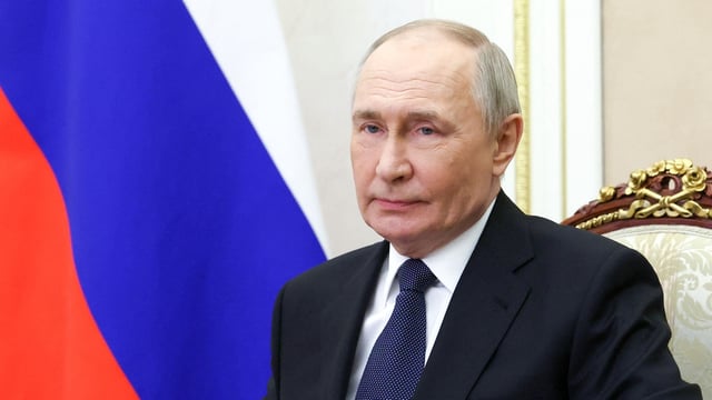 Russia's President Vladimir Putin during a Security Council meeting via videoconference at the Kremlin in Moscow on March 28, 2025. 