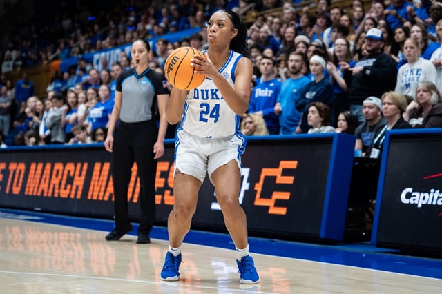 Reigan Richardson #24 of the Duke Blue Devils shoots the ball against the Lehigh Mountain Hawks during a first round game of the women’s NCAA basketball tournament at Cameron Indoor Stadium on March 21, 2025 in Durham, North Carolina.