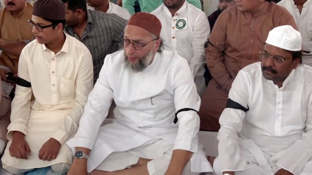 AIMIM MP Asaduddin Owaisi wears a 'black armband' supporting the call given by the All India Muslim Personal Law Board in protest against the Waqf Amendment Bill.