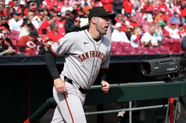 Justin Verlander of the San Francisco Giants takes the field during the pre-game ceremony prior to the game between the San Francisco Giants and the Reds at Great American Ball Park on Thursday, March 27, 2025 in Cincinnati.