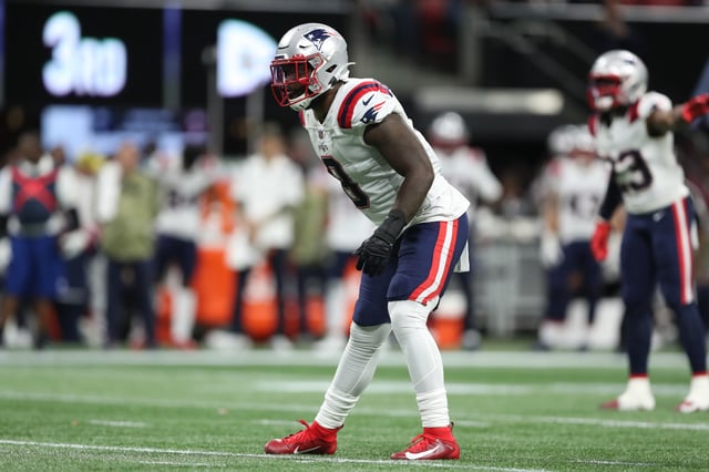 Ja&#39;Whaun Bentley #8 of the New England Patriots in coverage against the Atlanta Falcons during a game at Mercedes-Benz Stadium on November 18, 2021.