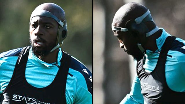 Mateta, 27, has been getting used to his new headgear in training