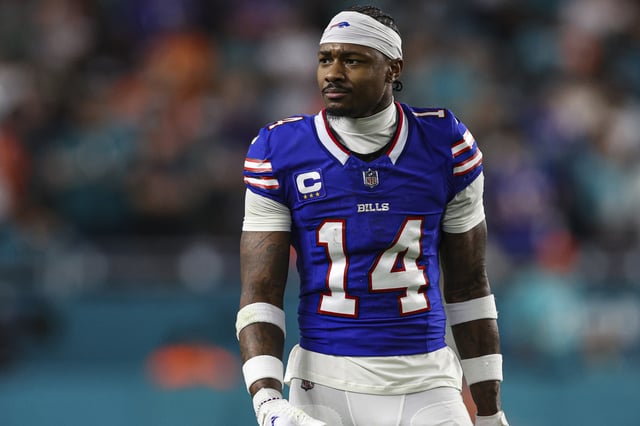 Stefon Diggs #14 of the Buffalo Bills reacts during an NFL football game against the Miami Dolphins at Hard Rock Stadium on January 7, 2024 in Miami Gardens, Florida.