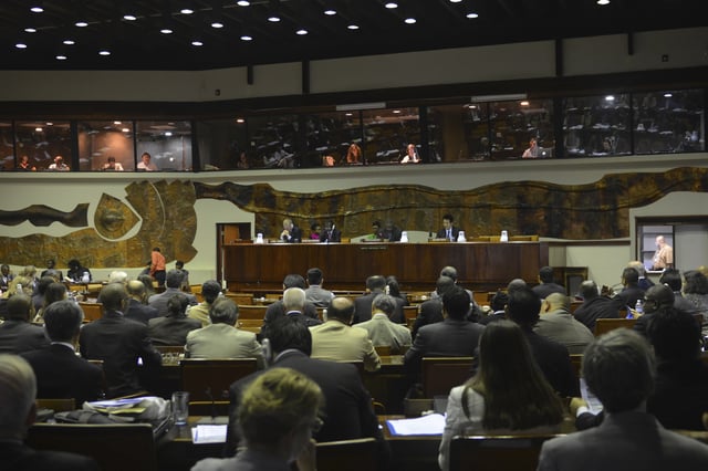 FILE - Delegates from across the world gather for a meeting by the International Seabed Authority (ISA), a U.N. body in Kingston, Jamaica, July 14, 2015. (AP Photo/David McFadden, File)