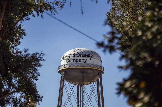 A water tower at Walt Disney Studios in Burbank, Calif., on Feb. 9, 2023.
