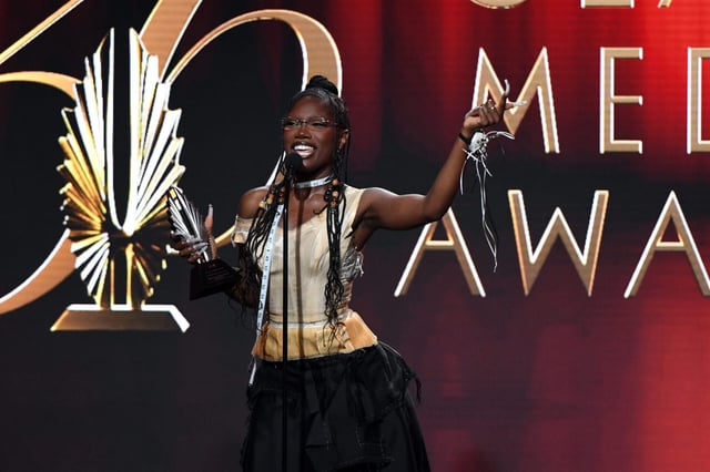 BEVERLY HILLS, CALIFORNIA - MARCH 27: Doechii accepts the Outstanding Music Artist award onstage during the 36th Annual GLAAD Media Awards at The Beverly Hilton on March 27, 2025 in Beverly Hills, California. (Photo by Jon Kopaloff/Getty Images for GLAAD)