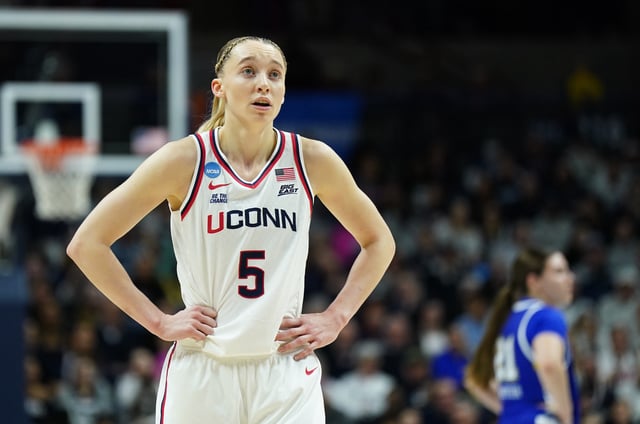 Mar 24, 2025; Storrs, Connecticut, USA; UConn Huskies guard Paige Bueckers (5) on the court against the South Dakota State Jackrabbits in the first half at Harry A. Gampel Pavilion. Mandatory Credit: David Butler II-Imagn Images/File Photo
