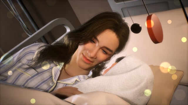 Inzoi - A female Zoi lays in a hospital bed smiling beside a swaddled infant