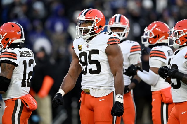 Myles Garrett #95 of the Cleveland Browns reacts to a play during the game against the Baltimore Ravens at M&amp;T Bank Stadium on January 04, 2025 in Baltimore, Maryland.