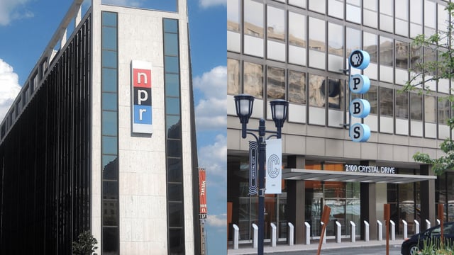 Photos of NPR and PBS's respective headquarters. Photos via Wikimedia Commons.