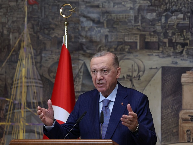 ISTANBUL, TURKIYE - MARCH 28: (----EDITORIAL USE ONLY - MANDATORY CREDIT - 'TURKISH PRESIDENCY / MURAT KULA / HANDOUT' - NO MARKETING NO ADVERTISING CAMPAIGNS - DISTRIBUTED AS A SERVICE TO CLIENTS----) Turkish President Recep Tayyip Erdogan attends the opening ceremony of the Recep Tayyip Erdogan Mosque, built in Conakry, the capital of the Republic of Guinea, via video conference, in Istanbul, Turkiye on March 28, 2025. (Photo by TUR Presidency / Murat Kula/Anadolu via Getty Images)