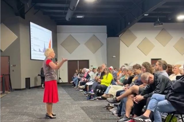 Representative Victoria Spartz can be seen holding a town hall in Indiana on March 28, 2025. (Photo from Rep. Spartz live video on X)