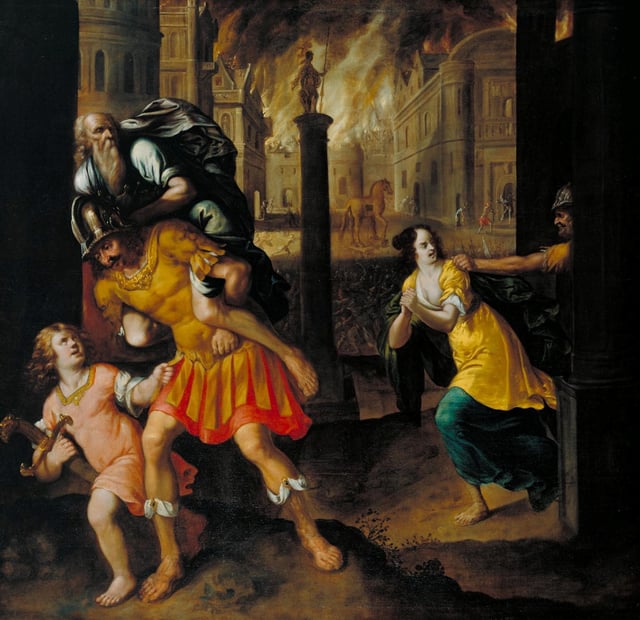 Aeneas and his Family Fleeing Burning Troy painting by Henry Gibbs, 1654, is seen in this handout image obtained by Reuters on March 28, 2025. Tate/Handout via REUTERS