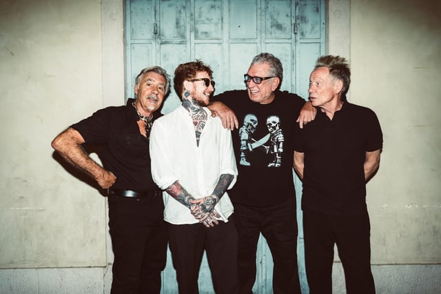 The Sex Pistols reunion with singer Frank Carter replacing original singer Johnny Rotten will come to the Palladium in Hollywood on Oct. 16 on a tour where the band is playing its debut album “Never Mind the Bollocks, Here’s the Sex Pistols” in full. Seen here, left to right, are bassist Glen Matlock, Carter, guitarist Steve Jones, and drummer Paul Cook. (Photo by Giuseppi Craca)