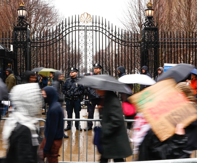 New York Police Department officers can be seen guarding during a protest outside Columbia University on March 24, 2025, in New York City. (Photo by Kena Betancur/VIEWpress)