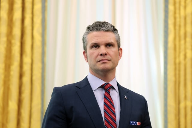 Secretary of Defense Peter Hegseth is seen listening as U.S. President Donald Trump delivers remarks in the Oval Office of the White House on March 21, 2025, in Washington, D.C. (Photo by Anna Moneymaker/Getty Images)