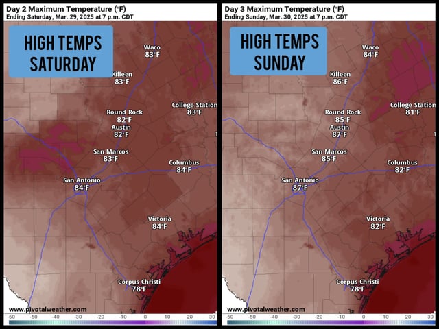 Shown are the expected high temperatures in South Texas on Saturday, left, and Sunday. 