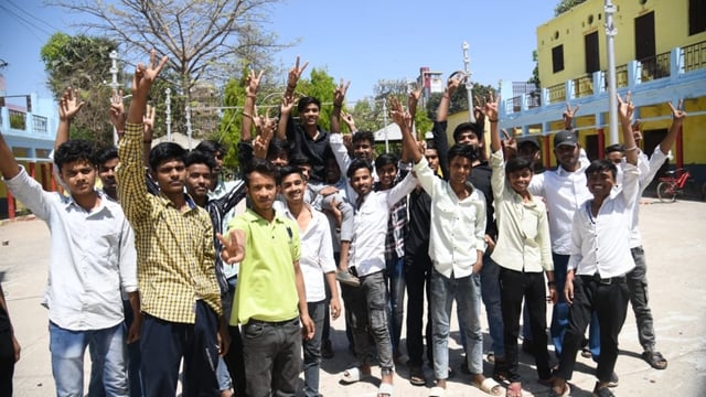 Students celebrating after Bihar Board class 10th matric examination results declared at DAV high school Danapur in Patna.