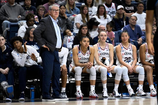 UConn head coach Geno Auriemma watches play during the second half against Arkansas State in the first round of the NCAA college basketball tournament, Saturday, March 22, 2025, in Storrs, Conn. (AP Photo/Jessica Hill)