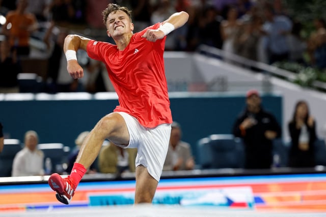 Mar 28, 2025; Miami, FL, USA; Jakub Mensik (CZE) celebrates after his match against Taylor Fritz (USA)(not pictured) in a men's singles semifinal on day eleven of the Miami Open at Hard Rock Stadium. Mandatory Credit: Geoff Burke-Imagn Images     TPX IMAGES OF THE DAY