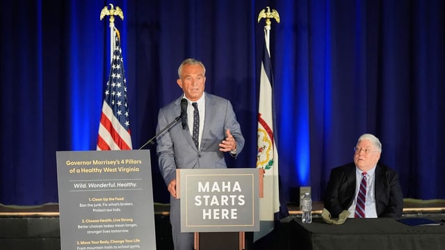 Health secretary RFK Jr. speaks during an event with West Virginia Gov. Patrick Morrisey on Friday in Martinsburg, W. Va. Photo: Stephanie Scarbrough/AP