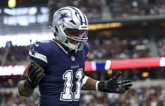 Jan 5, 2025; Arlington, Texas, USA;  Dallas Cowboys linebacker Micah Parsons (11) celebrates  after a sack during the first quarter against the Washington Commanders at AT&T Stadium. Mandatory Credit: Kevin Jairaj-Imagn Images/File Photo