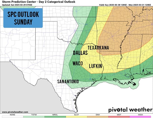 The Storm Prediction Center’s outlook shows a Level 2 to 3 risk of severe storms in North and East Texas. 