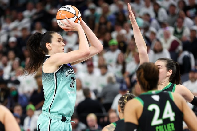 Oct 16, 2024; Minneapolis, Minnesota, USA; New York Liberty forward Breanna Stewart (30) shoots against the Minnesota Lynx during the second half of game three of the 2024 WNBA Finals at Target Center. Mandatory Credit: Matt Krohn-Imagn Images/File Photo