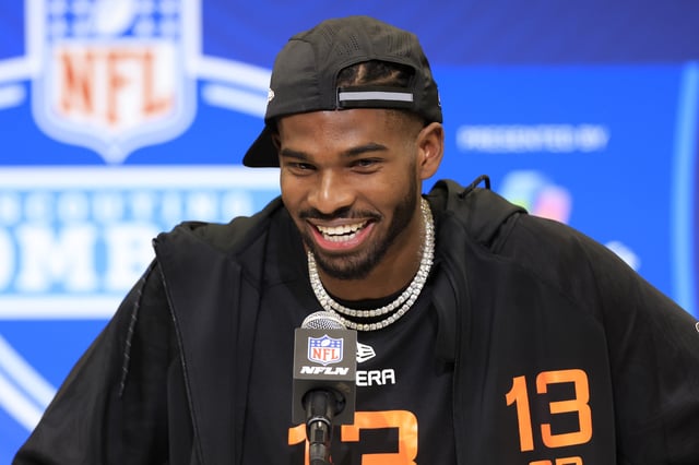 Shedeur Sanders #QB13 of Colorado speaks to the media during the NFL Combine at Lucas Oil Stadium on February 28, 2025 in Indianapolis, Indiana.