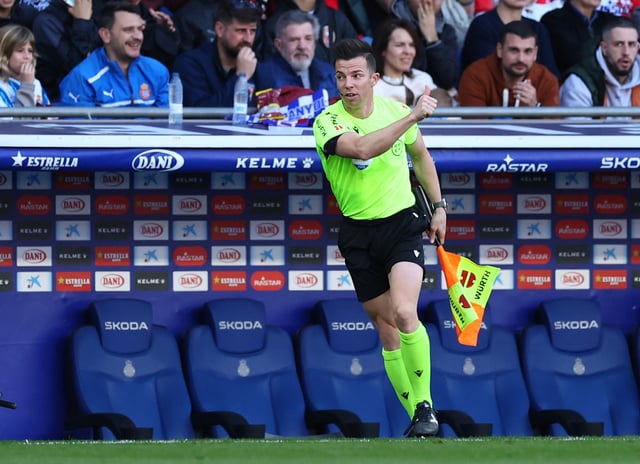 Soccer Football - LaLiga - Espanyol v Atletico Madrid - RCDE Stadium, Cornella de Llobregat, Spain - March 29, 2025 Assistant referee reacts after he falls over during the match