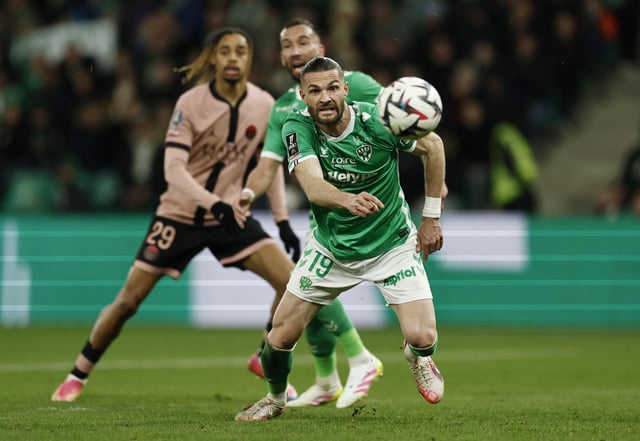 Soccer Football - Ligue 1 - AS Saint-Etienne v Paris St Germain - Stade Geoffroy-Guichard, Saint-Etienne, France - March 29, 2025 AS Saint-Etienne's Leo Petrot in action REUTERS/Benoit Tessier