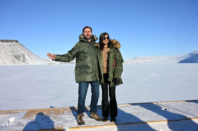 U.S. Vice President J.D. Vance and Second Lady Usha Vance pose as they tour the U.S. military's Pituffik Space Base in Greenland, on March 28, 2025.