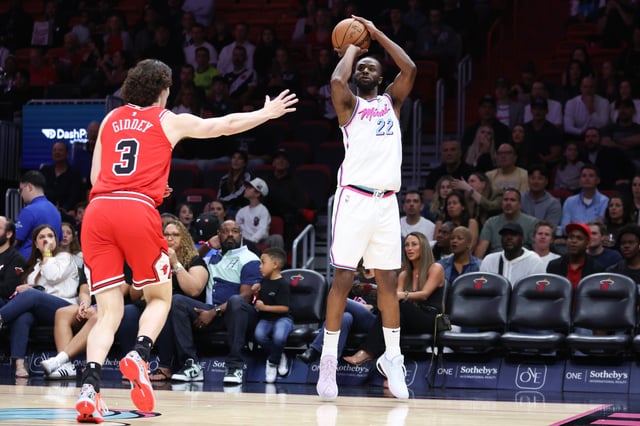 Andrew Wiggins #22 of the Miami Heat shoots the ball against the Chicago Bulls during the first quarter of the game at Kaseya Center on March 08, 2025 in Miami, Florida.