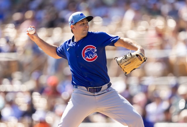 Feb 20, 2025; Phoenix, Arizona, USA; Chicago Cubs pitcher Cody Poteet against the Los Angeles Dodgers during a spring training game at Camelback Ranch-Glendale. Mark J. Rebilas-Imagn Images/File Photo