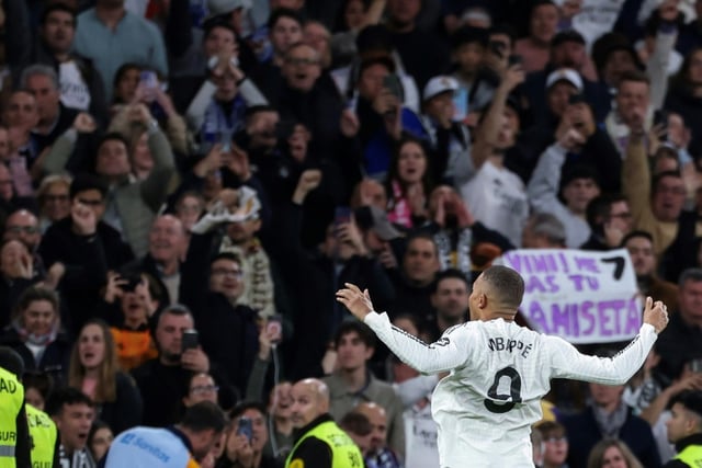 Real Madrid's French forward Kylian Mbappe  celebrates scoring their third goal against Leganes