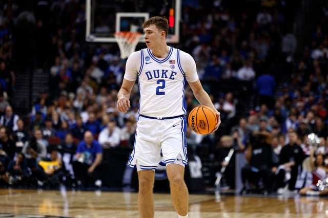 Cooper Flagg #2 of the Duke Blue Devils dribbles up court against the Arizona Wildcats during the second half of a Sweet Sixteen game in the men&#39;s NCAA basketball tournament at Prudential Center on March 27, 2025 in Newark, New Jersey.