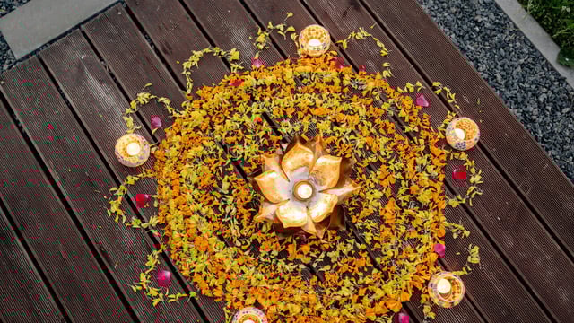 Gudi Padway 2025: Both colour powder and flower rangolis look good as decorations.