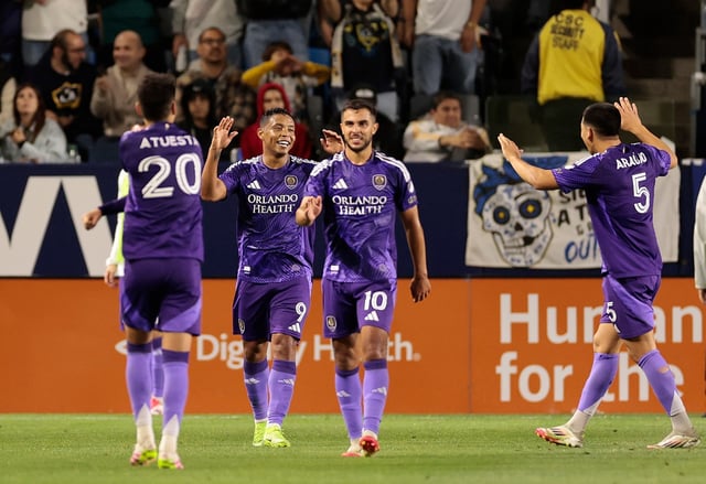 CARSON, CALIFORNIA - MARCH 29:  Luis Muriel #9 of Orlando City celebrates a goal against the Los Angeles Galaxy in the second half at Dignity Health Sports Park on March 29, 2025 in Carson, California. (Photo by Ronald Martinez/Getty Images)