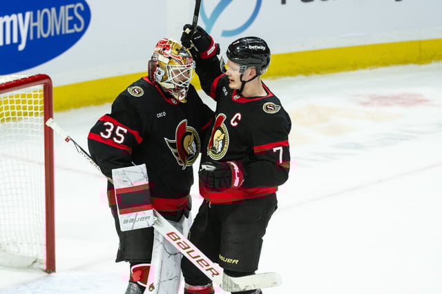 Mar 29, 2025; Ottawa, Ontario, CAN; Ottawa Senators goalie Linus Ullmark (35) and left wing Brady Tkachuk (7) celebrate their win against the Columbus Blue Jackets at the Canadian Tire Centre. Mandatory Credit: Marc DesRosiers-Imagn Images