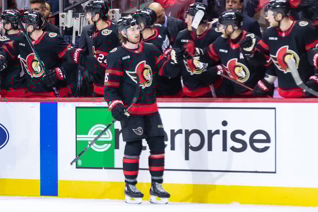 Mar 29, 2025; Ottawa, Ontario, CAN; Ottawa Senators defenseman Jake Sanderson (85) celebrates with team his goal scored in the second period against the Columbus Blue Jackets at the Canadian Tire Centre. Mandatory Credit: Marc DesRosiers-Imagn Images