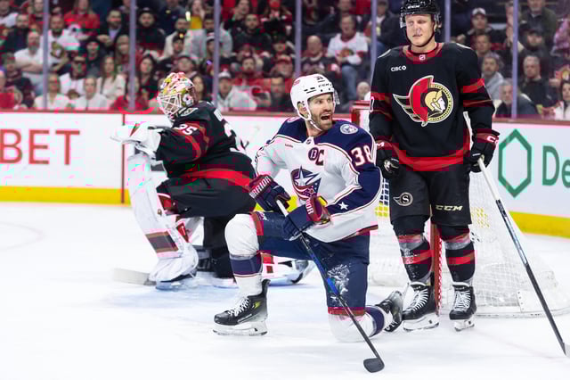 Mar 29, 2025; Ottawa, Ontario, CAN; Columbus Blue Jackets center Boone Jenner (38) reacts to being called for a penalty in the second period against the Ottawa Senators at the Canadian Tire Centre. Mandatory Credit: Marc DesRosiers-Imagn Images